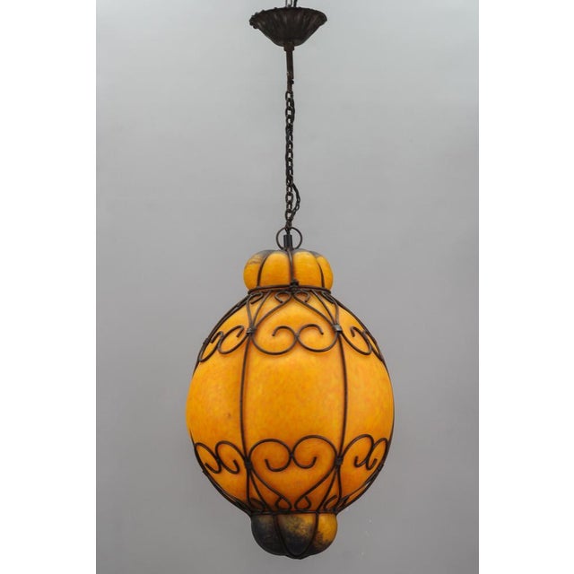 Venetian Style Pâte de Verre Glass Metal Caged Lantern Pendant Light For Sale - Image 4 of 18
