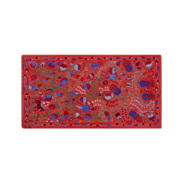Red Uzbek Suzani Embroidered Wall Hanging – Pomegranate, Bird & Horse Boho Textile 3'4'' X 6'2'' For Sale - Image 4 of 12