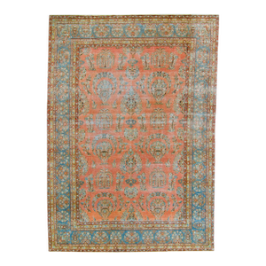 1920s Antique Large Size Orange Blue Floral Botanical Design Wool Hand-Knotted Rug - 9’10” X 13’10”