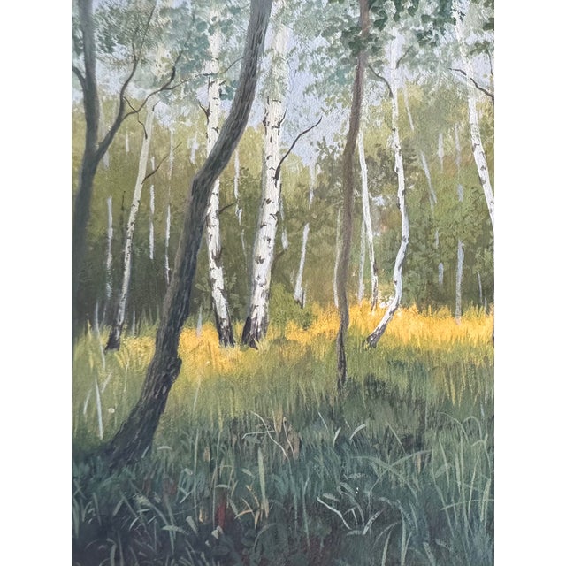French 2025 Gouache Forest Light in Antique French Frame For Sale - Image 3 of 8