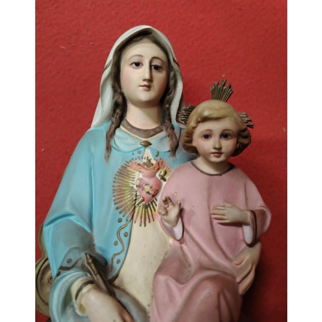 Polychrome Plaster Statue of Virgin of the Sacred Heart and Jesus, 19th Century For Sale - Image 4 of 8