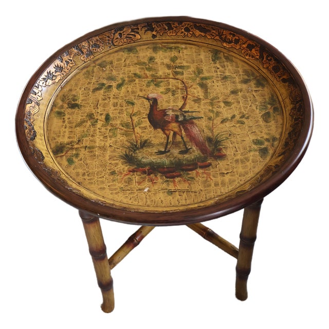 Vintage John-Richard Chinoiserie Golden Pheasant Faux-Bamboo Tray Table For Sale