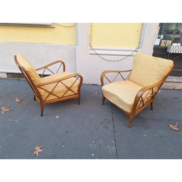 Armchairs in Wood and Yellow Fabric from Paolo Buffa, 1940s, Set of 2, in Restored conditions. Designed 1920 to 1949 This...