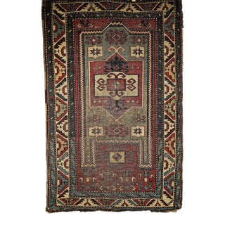 Antique Fachralo Kazak Area Rug in Red, Sage Green, Ivory, Blue For Sale