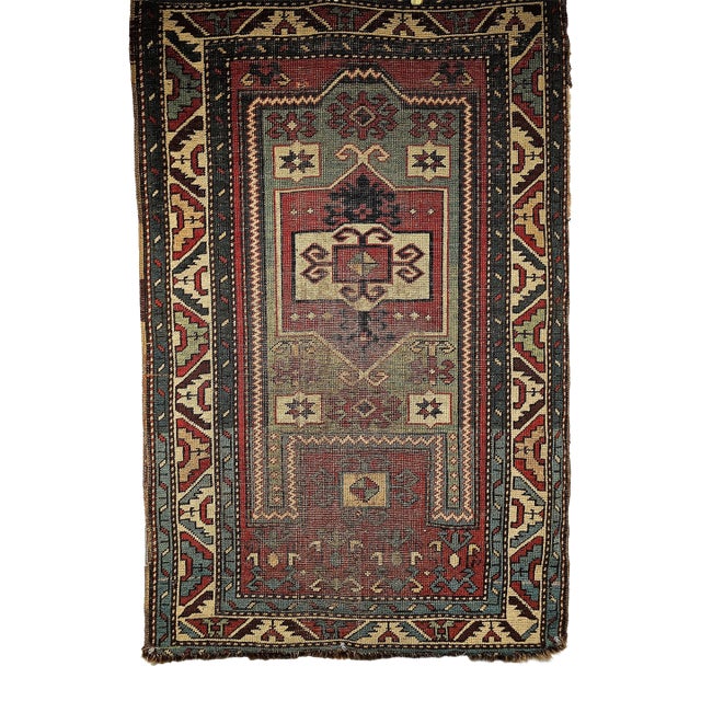 Antique Fachralo Kazak Area Rug in Red, Sage Green, Ivory, Blue For Sale