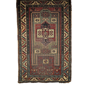 Antique Fachralo Kazak Area Rug in Red, Sage Green, Ivory, Blue