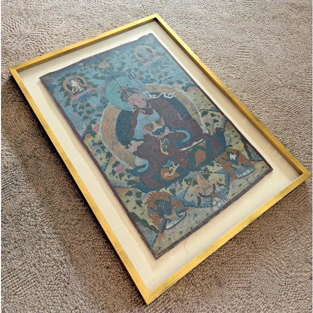 Late 19th Century Hand-Painted Tibetan Thangka-Style Devotional Painting on Linen Framed For Sale - Image 4 of 5