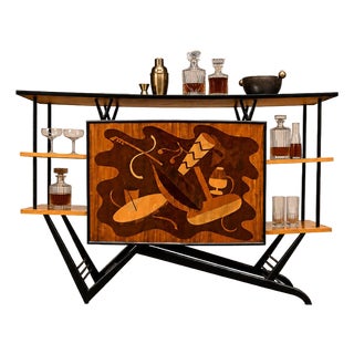 Brazilian Modern Bar in Imbuia, Roxinho and Pau Marfim With Party Motif Marquetry, Brazil, 1950s For Sale