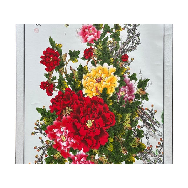 Long Horizontal 141" Chinese Color Ink Red Peony Blossom Scroll Painting For Sale - Image 11 of 14