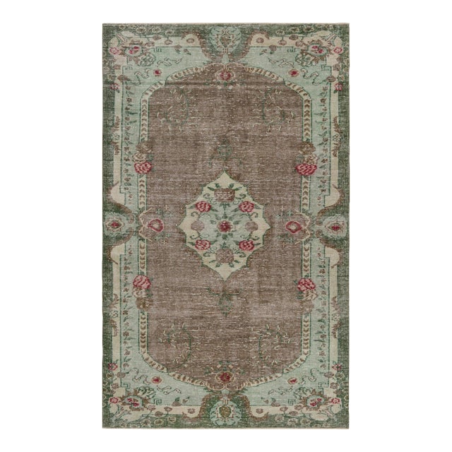 Vintage Zeki Müren Rug in Brown With Green Floral Medallion, From Rug & Kilim For Sale