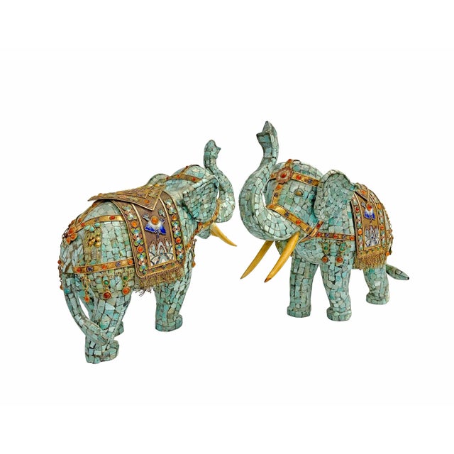Asian Early 20th Century Asian Jeweled Gilt Silver & Tessellated Turquoise Elephant Figurines - a Pair For Sale - Image 3 of 5