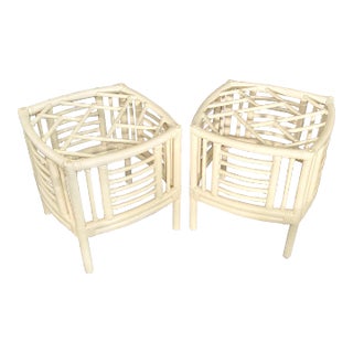 Vintage Coastal Chinese Chippendale Chinoiserie Bamboo and Wicker Side Tables Ficks Reed Style - A Pair For Sale