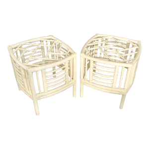 Vintage Coastal Chinese Chippendale Chinoiserie Bamboo and Wicker Side Tables Ficks Reed Style - A Pair