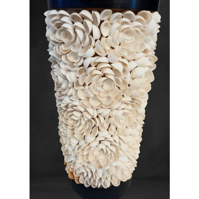 Chelsea House Inc Coastal Cylindrical Seashell Floral Pattern Dark Wood Base Table Lamps- a Pair For Sale - Image 4 of 7