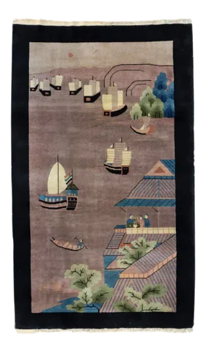 1940s Black Grey Green Blue Chinese Pictorial Area Rug with Boats