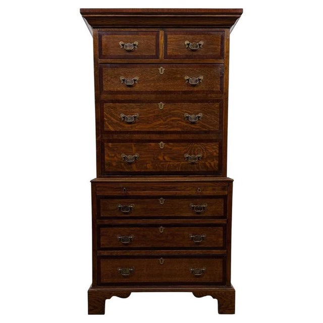 Antique English Oak Chest-on-Chest Tallboy with Brass Handles For Sale - Image 14 of 14