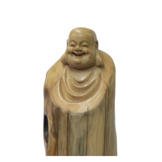 2010s Chinese Cypress Wood Carved Irregular Shape Happy Buddha Statue For Sale - Image 5 of 7