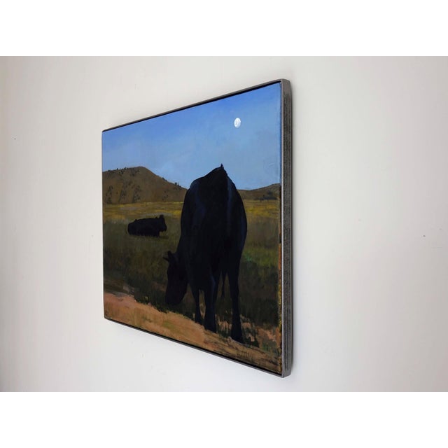 Contemporary Fields at Twilight by Emma Kalff | Oil on canvas Cows grazing in a twilight landscape with hills. For Sale - Image 3 of 5