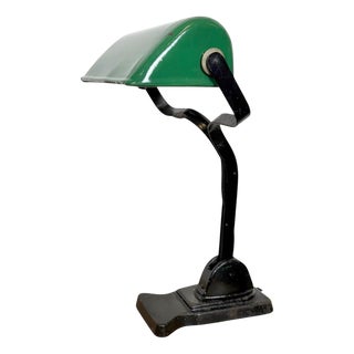 Vintage Green Enamel Banker Lamp, 1930s For Sale