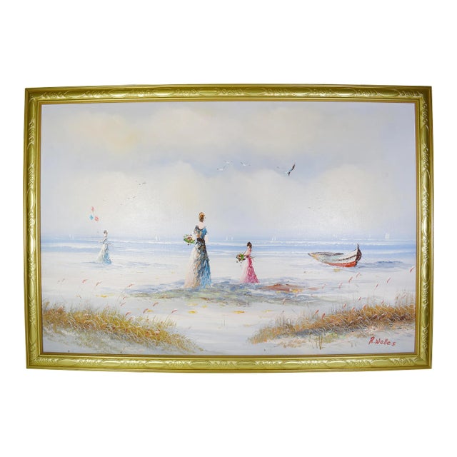 Mid 20th Century Framed Oil Painting Victorian Ladies on Beach Seaside For Sale