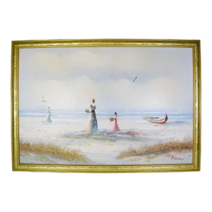 Mid 20th Century Framed Oil Painting Victorian Ladies on Beach Seaside