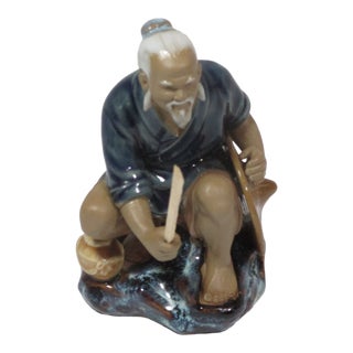 1980s Chinese Glazed Pottery Fisherman Figurine For Sale