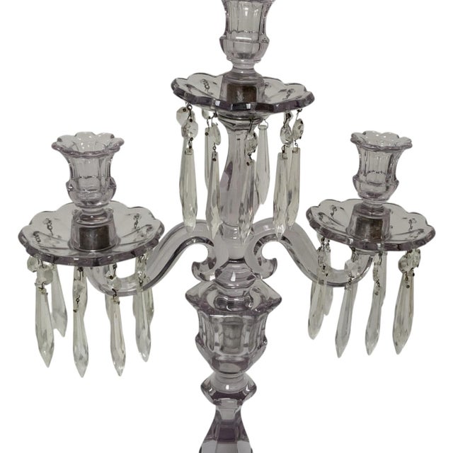 American Antique Heisey Glass Puritan 3-Light Candelabra #300 Complete Prisms Sun Purple Tint c.1904-1915 For Sale - Image 3 of 9