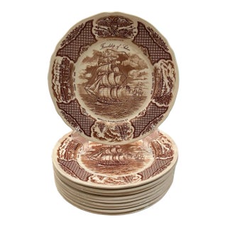 Vintage Alfred Meakin Staffordshire Fair Winds The Friendship of Salem Brown Dinner Plates - Set of 10 For Sale