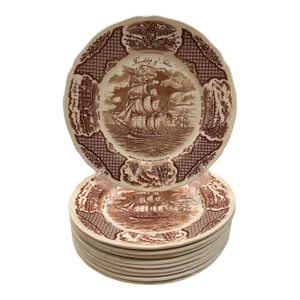 Vintage Alfred Meakin Staffordshire Fair Winds The Friendship of Salem Brown Dinner Plates - Set of 10