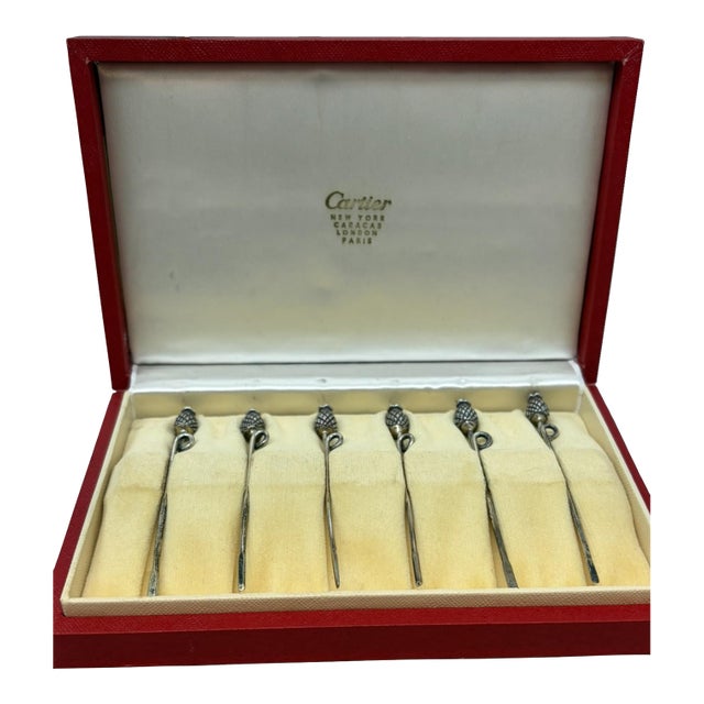 Mid 20th Century Cartier Sterling Cocktail Picks, Pineapples - 6 pcs with box For Sale