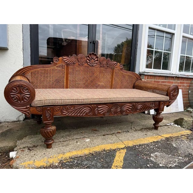 Antique British Anglo Indian Carved Mahogany Cane Seat and Back Settee For Sale - Image 4 of 18
