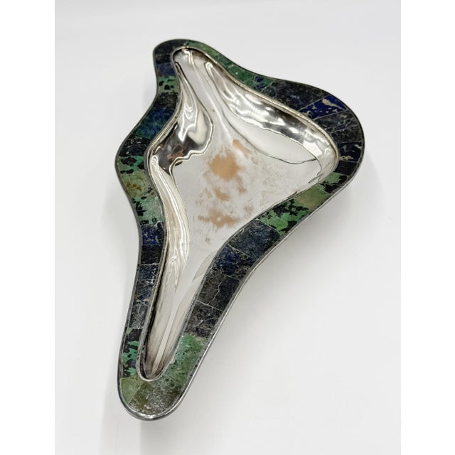 Mid-Century Modern Mid 20th Century Los Castillo Taxco Modernist Silver Plate Malachite & Lapis Centerpiece Bowl For Sale - Image 3 of 18