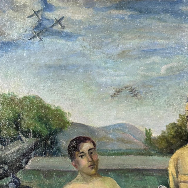 Tan Antique 1940s Ww2 Outsider Art Portrait of Workers in the 21st Engineer Battalion, Signed (Oil on Canvas) For Sale - Image 8 of 12