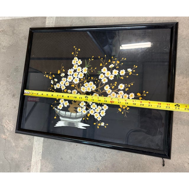 1960s Vintage Asian Needlepoint on Black Silk Hand Made Floral Art Framed 23.5x19.5 For Sale - Image 5 of 5