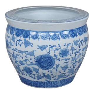 Vintage Chinese Ceramic Blue & White Fish Bowl Planter Floral Chinoiserie Pot For Sale