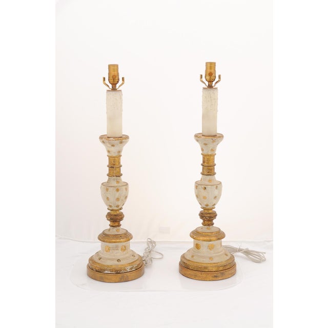 Off-white 1940s Large Italian Gilt & Hand-Painted Candlestick Lamps For Sale - Image 8 of 12