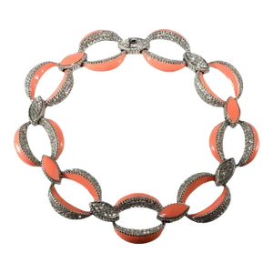 Ciner Collar Necklace Coral Enameled Clear Pave' Rhinestones Chain Links