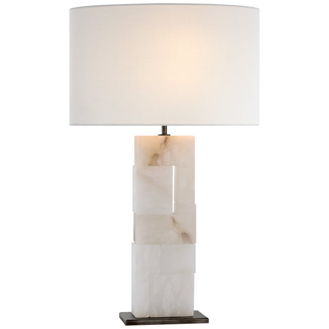 Ashlar Large Table Lamp in Alabaster and Bronze with Linen Shade Designer: Ian K. Fowler Height: 28" Shade Detail: 17" x...