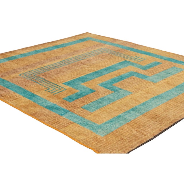 Modern Deco Style Handmade Geometric Goldenrod and Teal Wool Rug For Sale In New York - Image 6 of 9