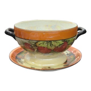 Antique Bavarian Porcelain Bouillon Bowl & Saucer, Hand-Painted Strawberry Motif, Double-Signed Set, Opalescent Lustre, l.d. Bloch & Co. Bavaria For Sale