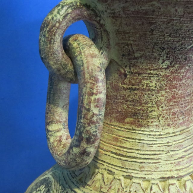 Vintage Double Handle Carved With Rings Tribal Clay Vase For Sale - Image 12 of 16