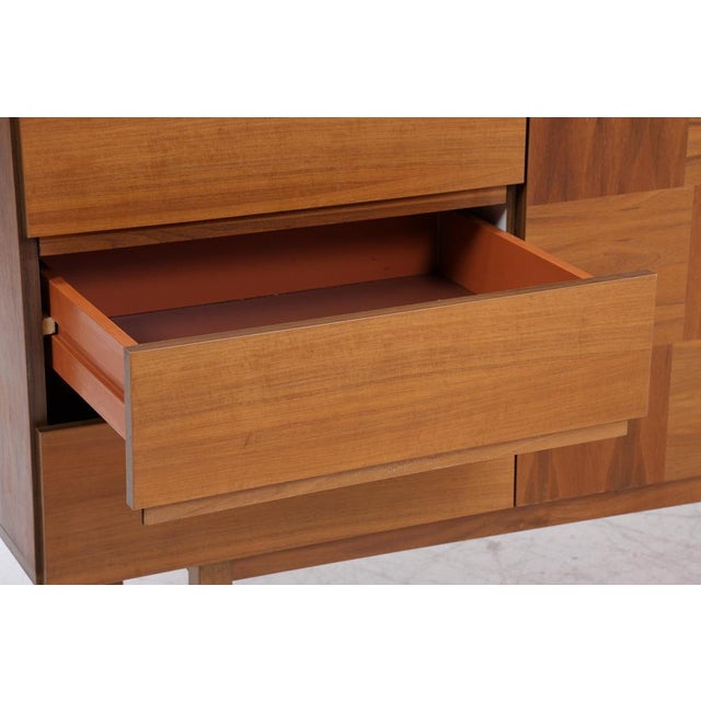 Brown Vintage 1960s Walnut Sideboard | Mid-Century Sideboard with Drawers & Compartments and Checkerboard Pattern Wooden Storage For Sale - Image 8 of 12