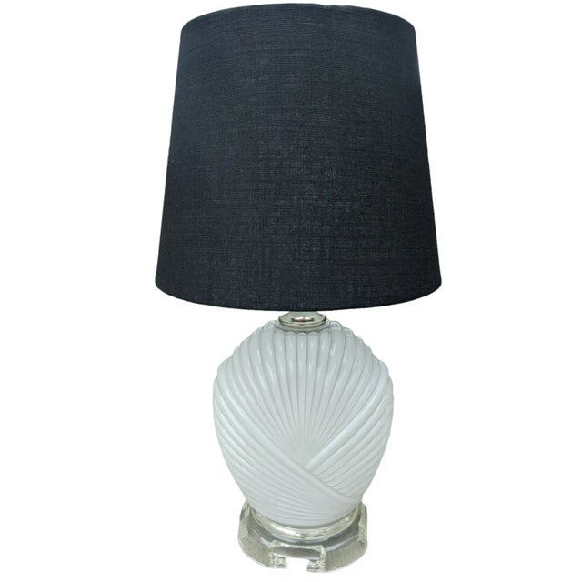Vintage Postmodern Ribbed White Glass Lamp With Lucite Curved Base For Sale - Image 10 of 11