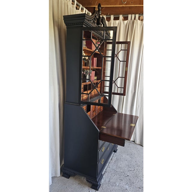 1940s Black Chippendale Style Secretary Desk/ Secretary Hutch, 2 Piece Cabinet For Sale - Image 15 of 17