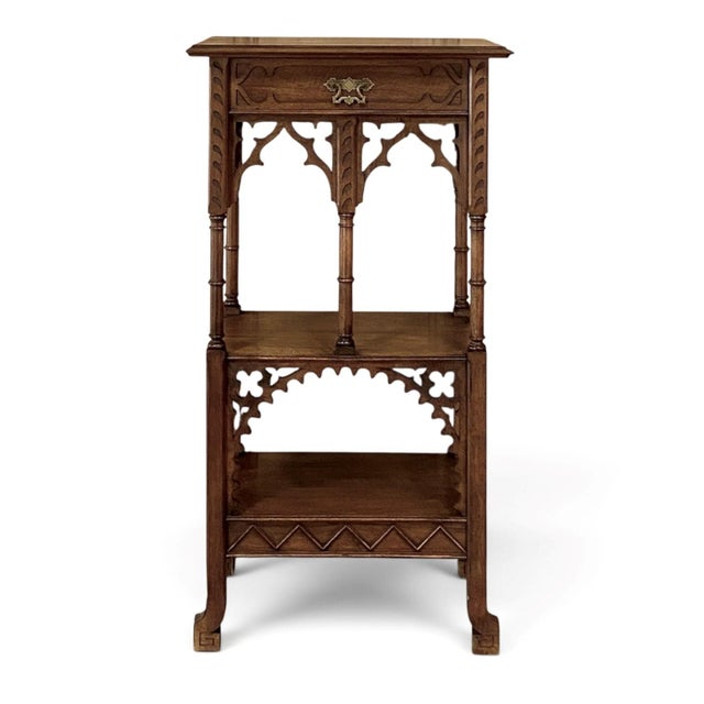19th Century French Walnut Gothic Pedestal ~ Etagere End Table is an unusual specialty piece that doesn't come around very...