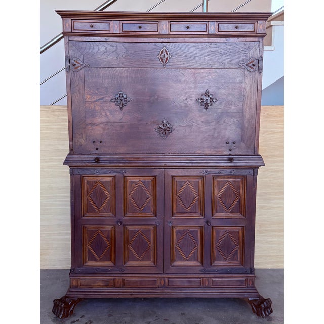 19th Spanish Solid Walnut Cabinet on Stand or Bargueño, Desk For Sale - Image 17 of 18