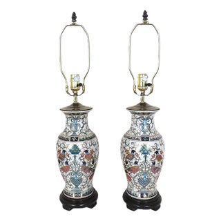 Pair of Vintage Chinoiserie Table Lamps Asian W/ Birds For Sale