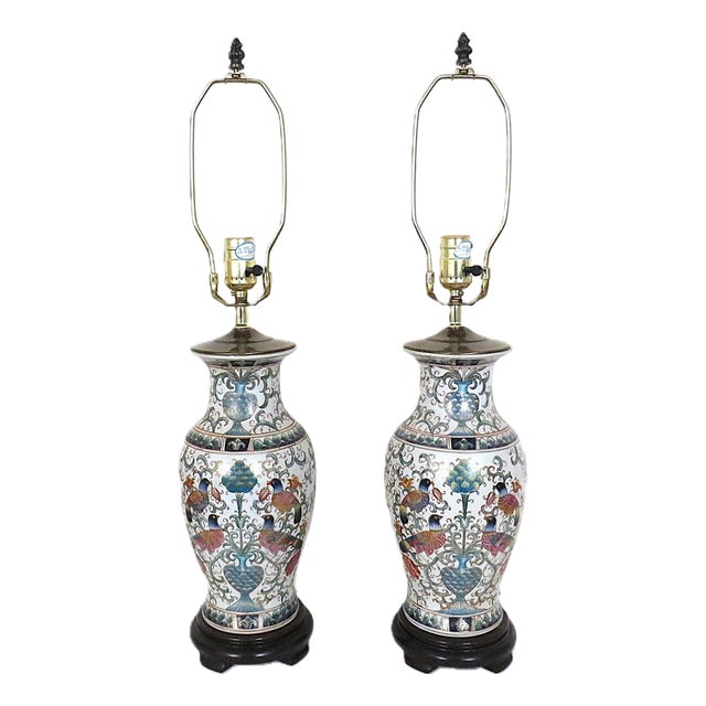 Pair of Vintage Chinoiserie Table Lamps Asian W/ Birds For Sale