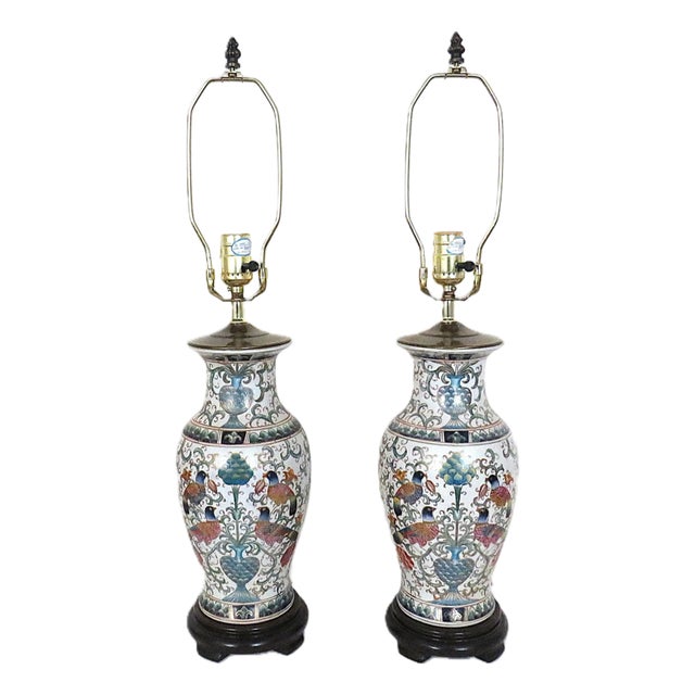 Vintage Chinoiserie Table Lamps Asian W/ Birds - a Pair For Sale
