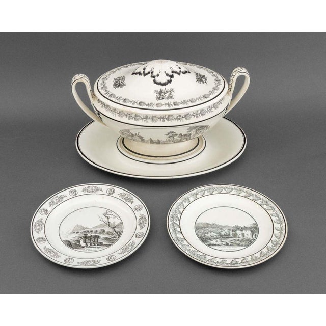 Group of Three French Creamware Tableware Pieces, comprising: covered tureen two-handled tureen, with black transfer...